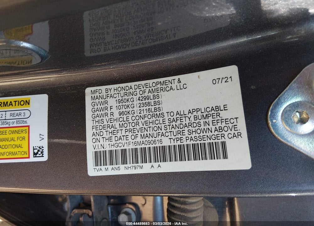 2021 HONDA ACCORD LX VIN: 1HGCV1F16MA090616