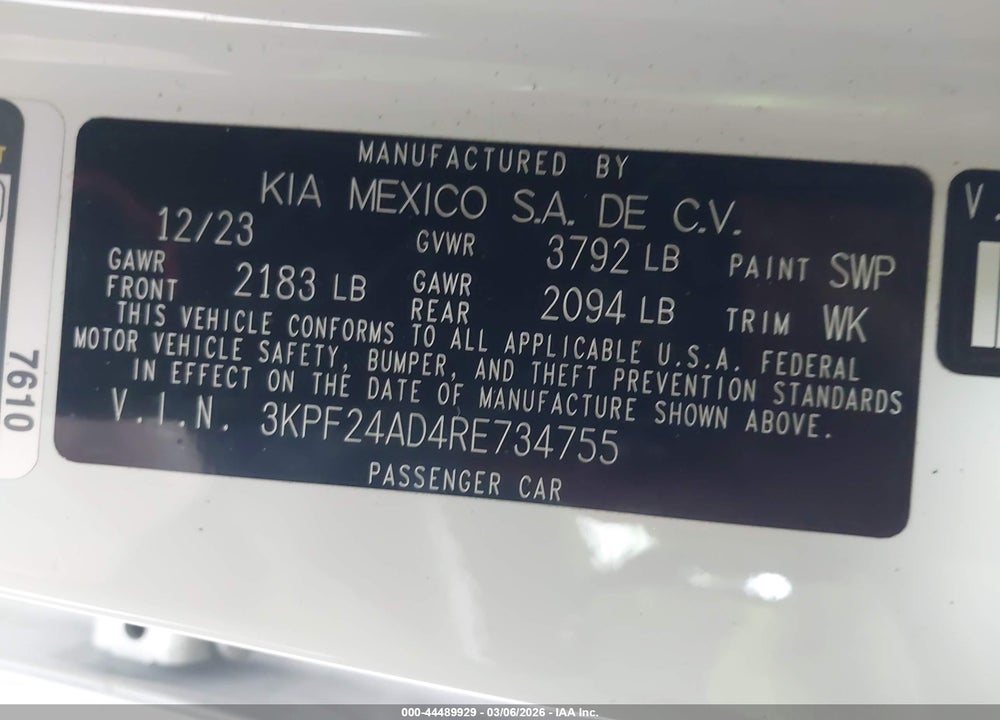 2024 KIA FORTE LXS VIN: 3KPF24AD4RE734755