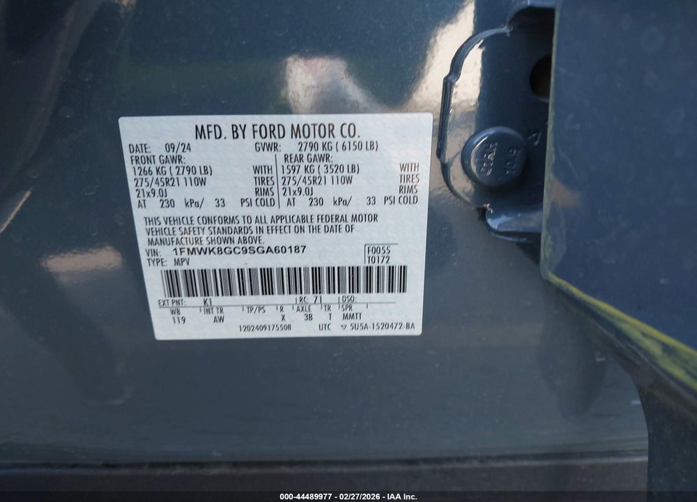 2025 FORD EXPLORER ST VIN: 1FMWK8GC9SGA60187