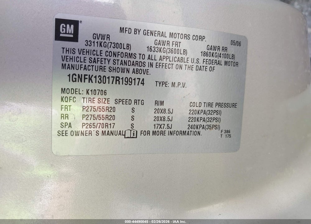 2007 CHEVROLET TAHOE LTZ VIN: 1GNFK13017R199174
