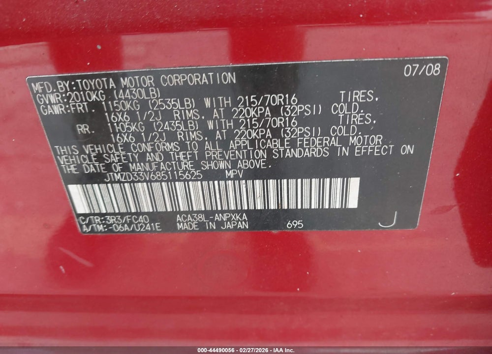 2008 TOYOTA RAV4 VIN: JTMZD33V685115625