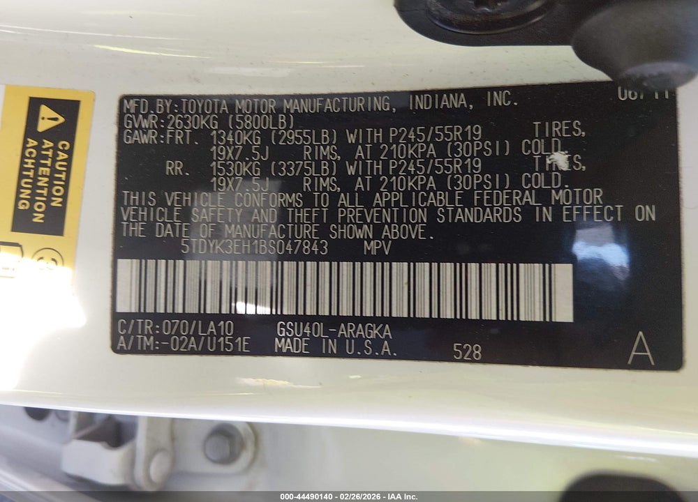 2011 TOYOTA HIGHLANDER LIMITED V6 VIN: 5TDYK3EH1BS047843