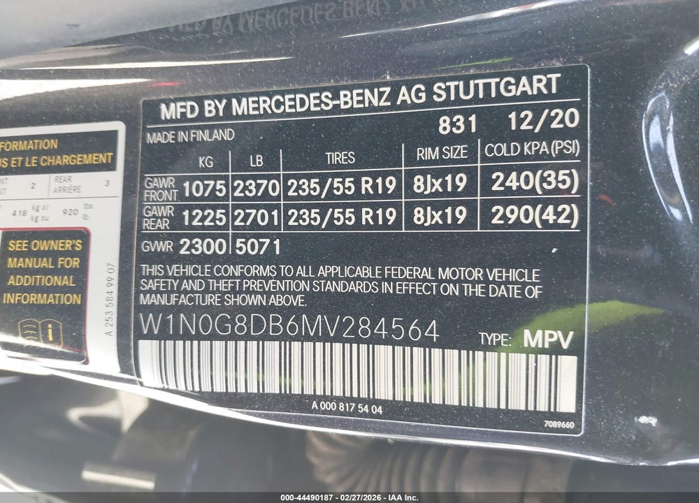 2021 MERCEDES-BENZ GLC 300 SUV VIN: W1N0G8DB6MV284564