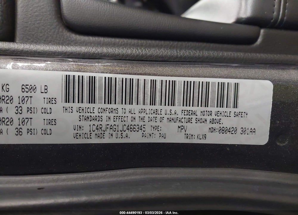 2018 JEEP GRAND CHEROKEE ALTITUDE 4X4 VIN: 1C4RJFAG1JC466345