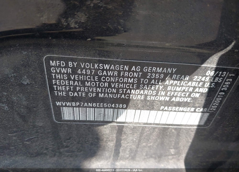 2014 VOLKSWAGEN CC 2.0T SPORT VIN: WVWBP7AN6EE504389