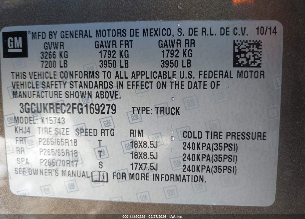 2015 CHEVROLET SILVERADO 1500 2LT VIN: 3GCUKREC2FG169279