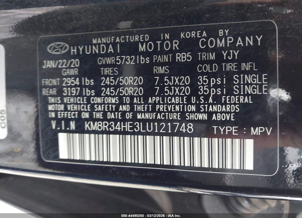 2020 HYUNDAI PALISADE SEL VIN: KM8R34HE3LU121748