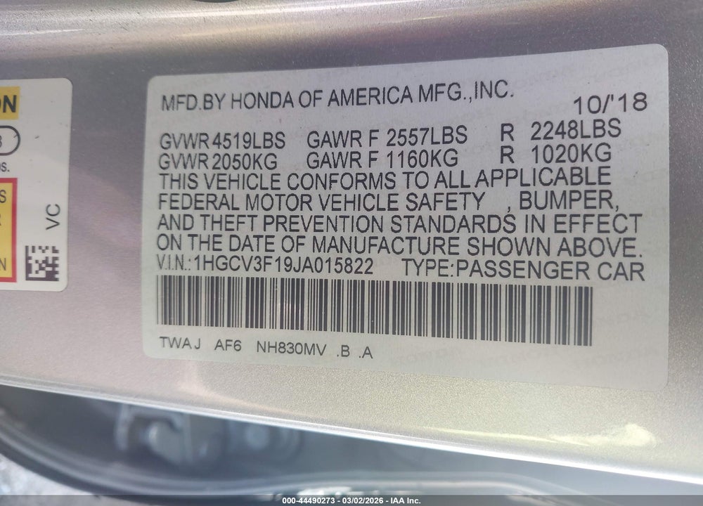 2018 HONDA ACCORD HYBRID VIN: 1HGCV3F19JA015822