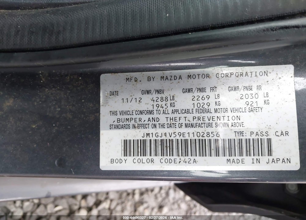 2014 MAZDA 6 I TOURING VIN: JM1GJ1V59E1102856
