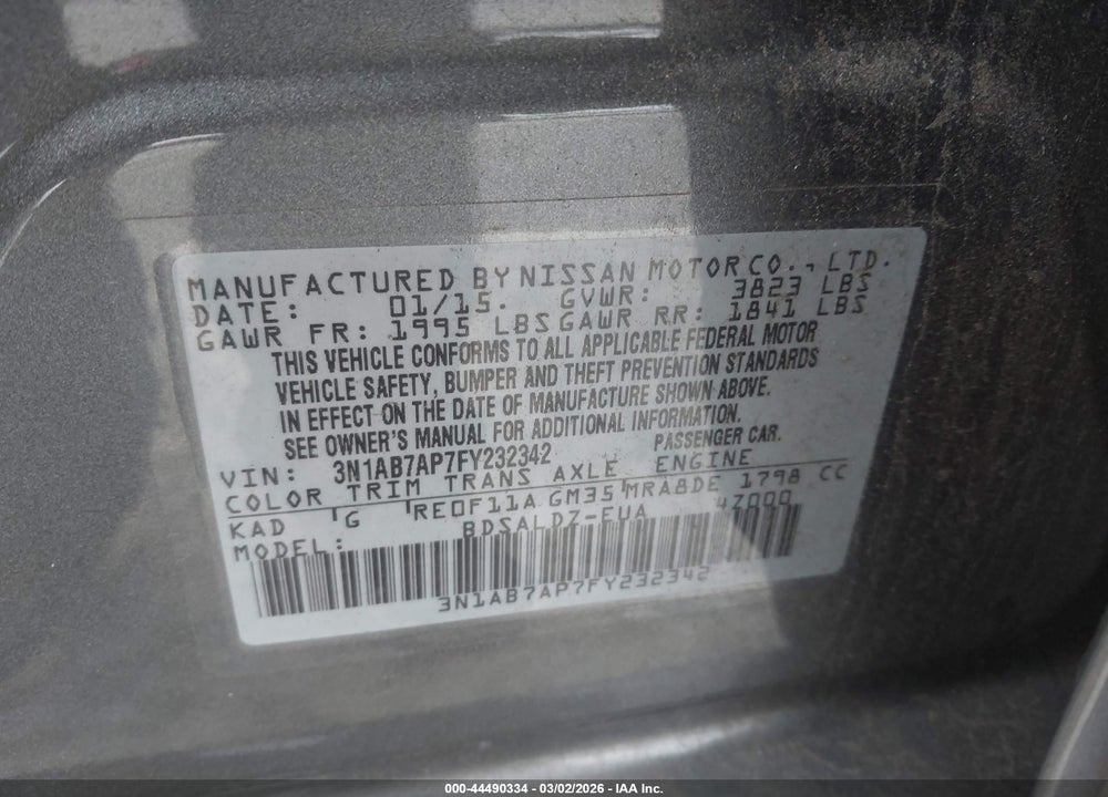 2015 NISSAN SENTRA FE+ S/S/SL/SR/SV VIN: 3N1AB7AP7FY232342