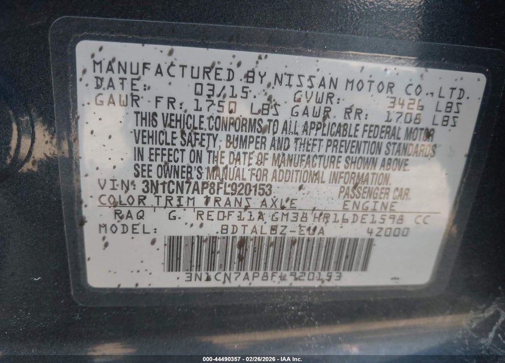 2015 NISSAN VERSA 1.6 SV VIN: 3N1CN7AP8FL920153