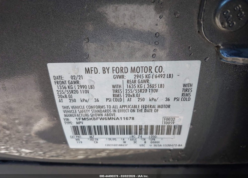 2021 FORD EXPLORER LIMITED VIN: 1FM5K8FW6MNA11678