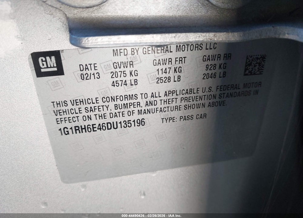 2013 CHEVROLET VOLT VIN: 1G1RH6E46DU135196