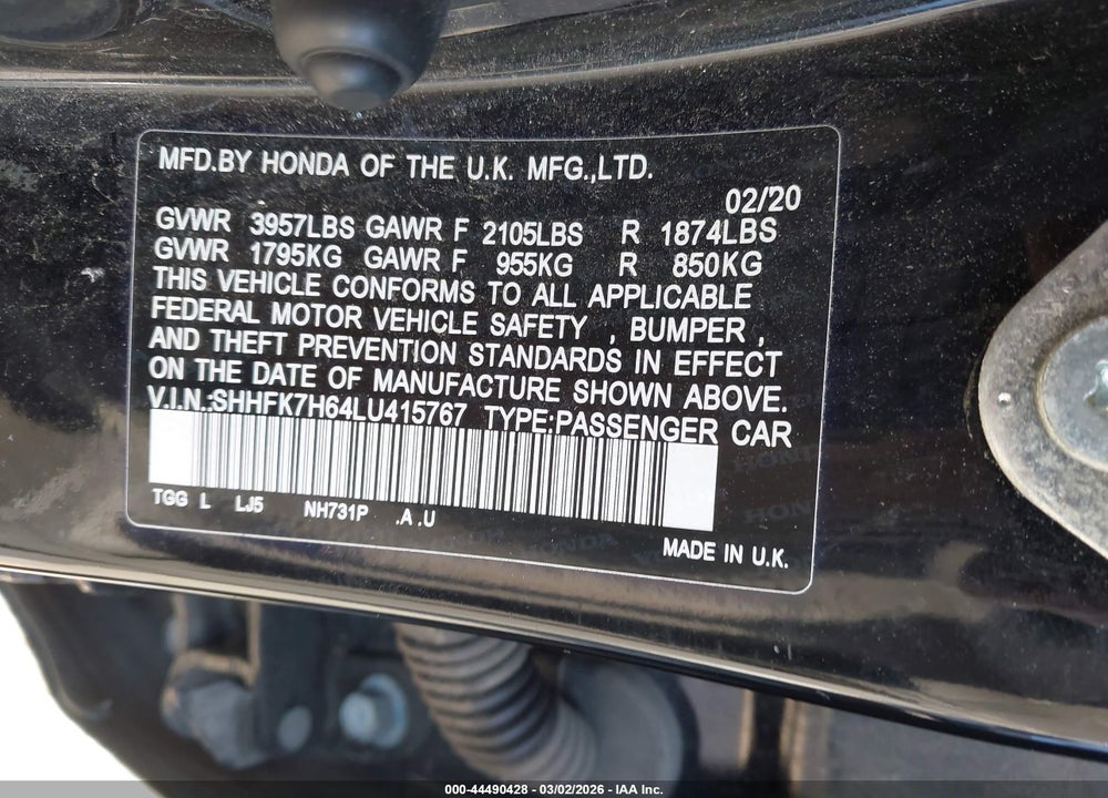 2020 HONDA CIVIC EX VIN: SHHFK7H64LU415767