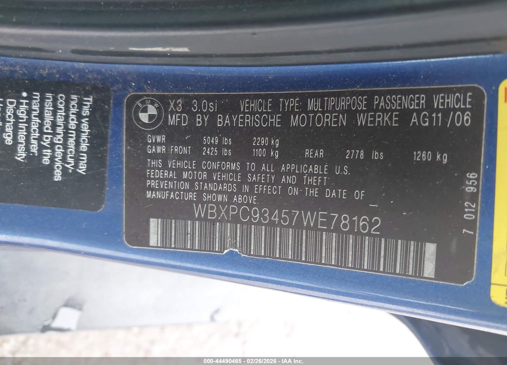2007 BMW X3 3.0SI VIN: WBXPC93457WE78162