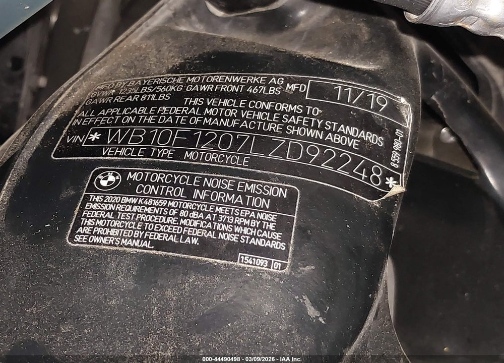2020 BMW K1600 GTL VIN: WB10F1207LZD92248