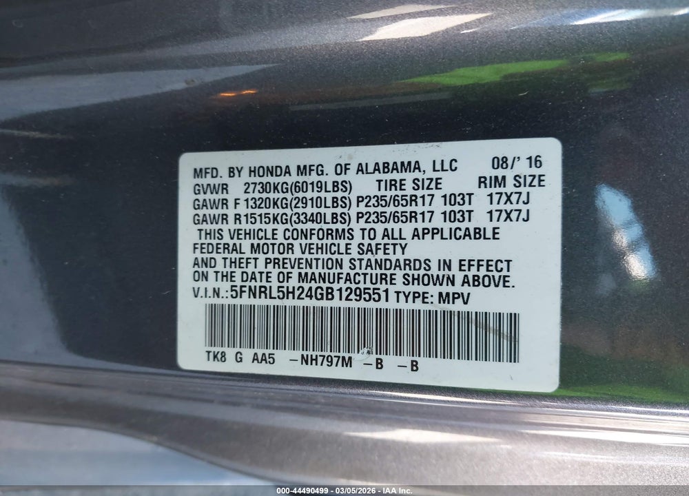 2016 HONDA ODYSSEY LX VIN: 5FNRL5H24GB129551