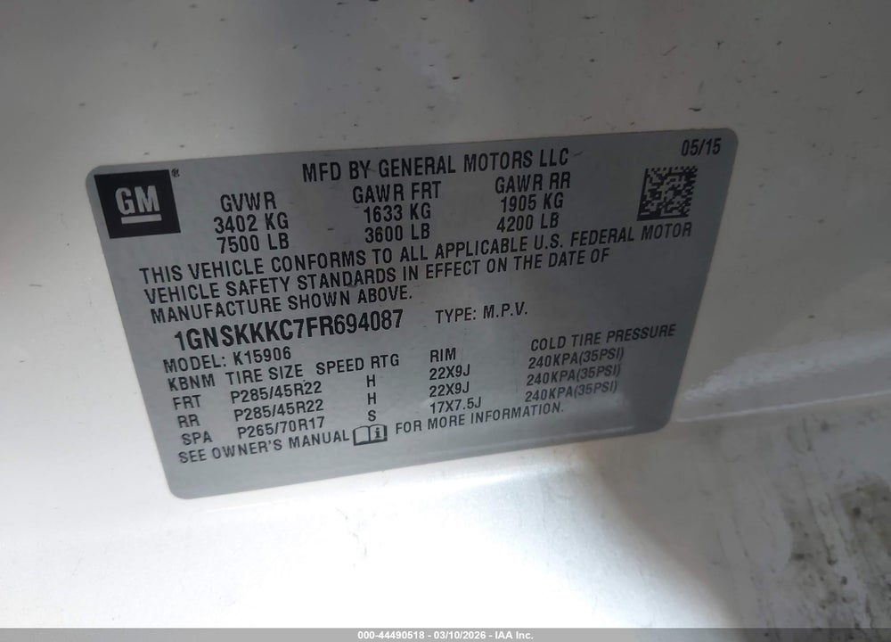 2015 CHEVROLET SUBURBAN 1500 LTZ VIN: 1GNSKKKC7FR694087