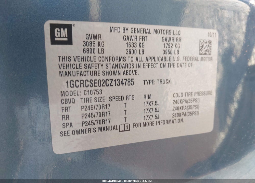 2012 CHEVROLET SILVERADO 1500 LT VIN: 1GCRCSE02CZ134785