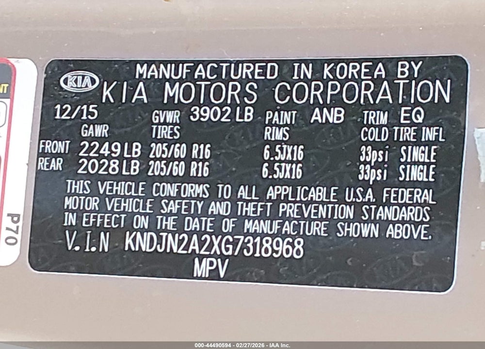 2016 KIA SOUL VIN: KNDJN2A2XG7318968