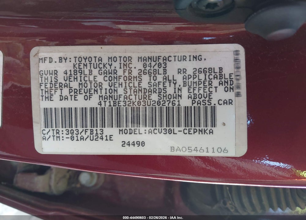2003 TOYOTA CAMRY LE VIN: 4T1BE32K03U202761