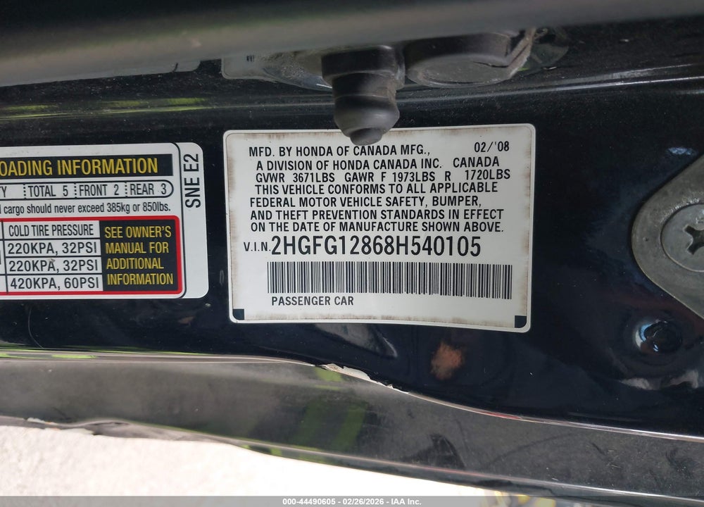 2008 HONDA CIVIC EX VIN: 2HGFG12868H540105