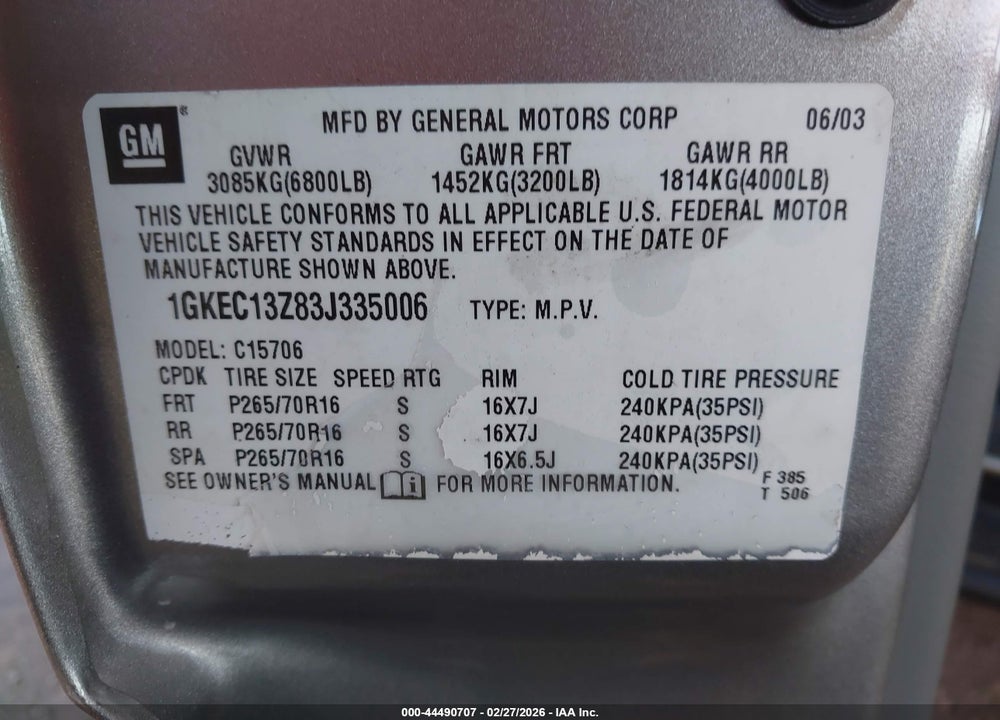 2003 GMC YUKON SLT VIN: 1GKEC13Z83J335006