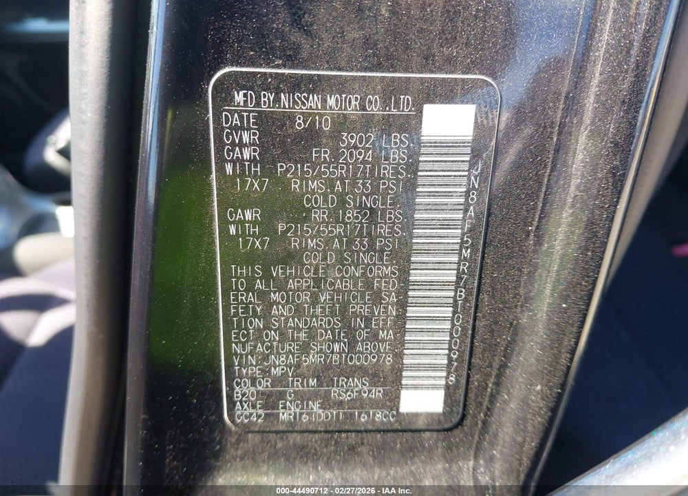 2011 NISSAN JUKE SV VIN: JN8AF5MR7BT000978