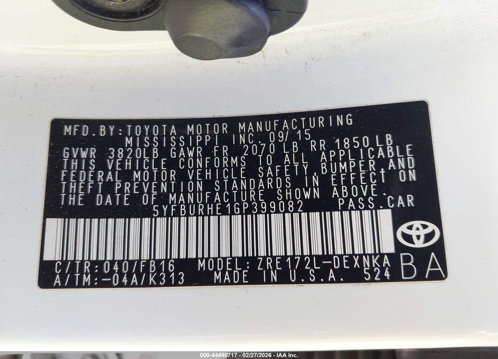 2016 TOYOTA COROLLA LE VIN: 5YFBURHE1GP399082