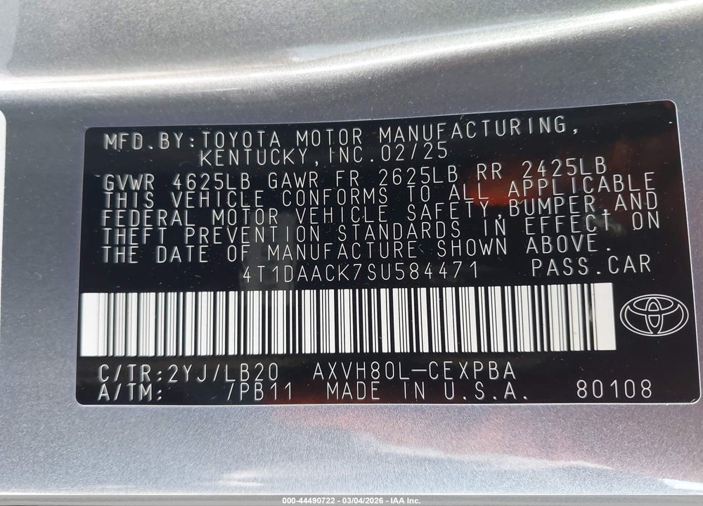 2025 TOYOTA CAMRY XSE VIN: 4T1DAACK7SU584471