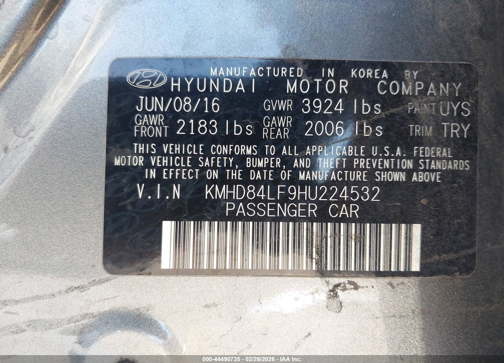 2017 HYUNDAI ELANTRA LIMITED VIN: KMHD84LF9HU224532