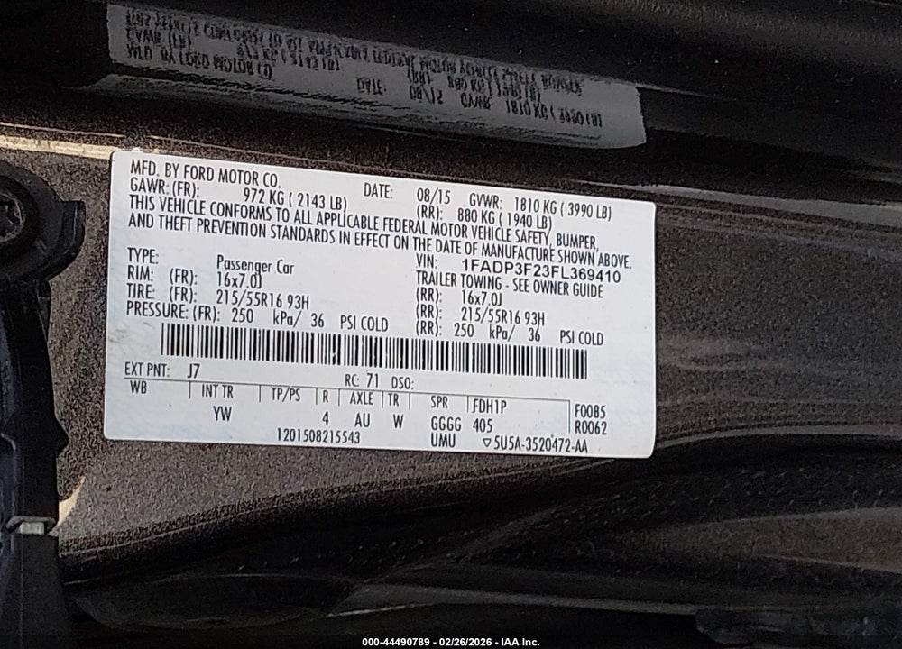 2015 FORD FOCUS SE VIN: 1FADP3F23FL369410