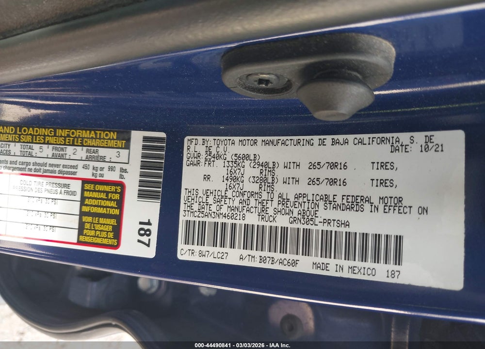 2022 TOYOTA TACOMA TRD OFF ROAD VIN: 3TMCZ5AN3NM460218