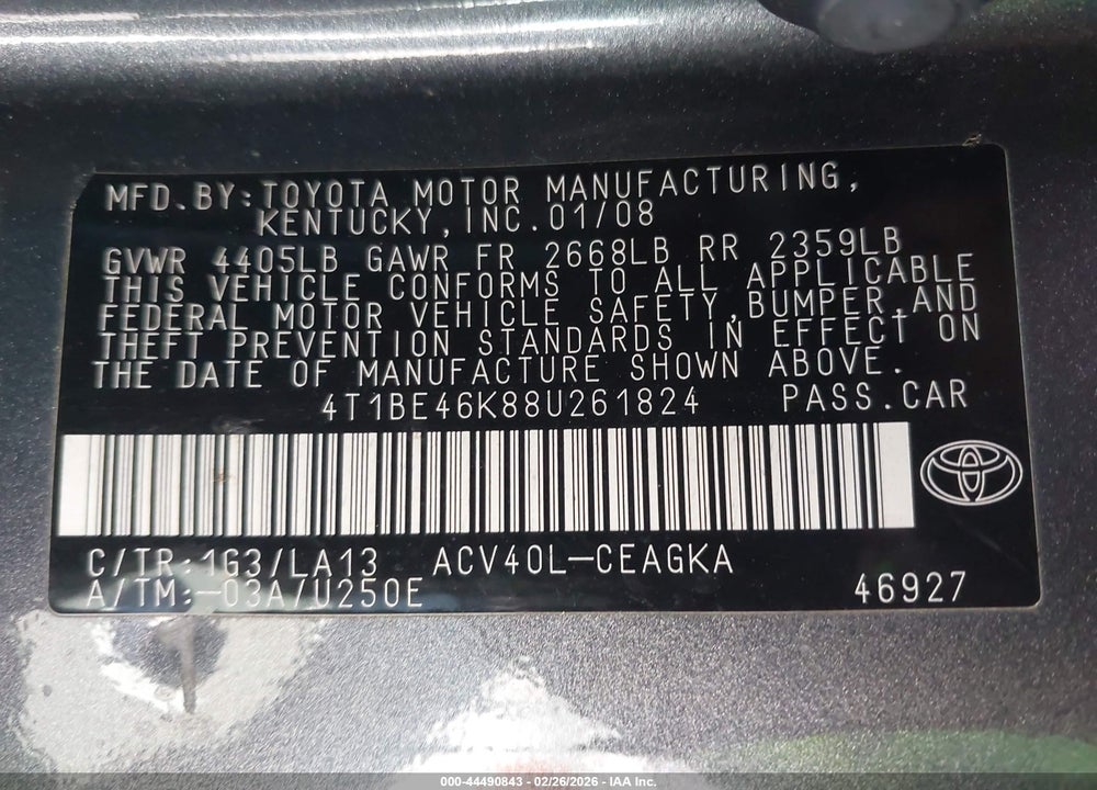 2008 TOYOTA CAMRY XLE VIN: 4T1BE46K88U261824