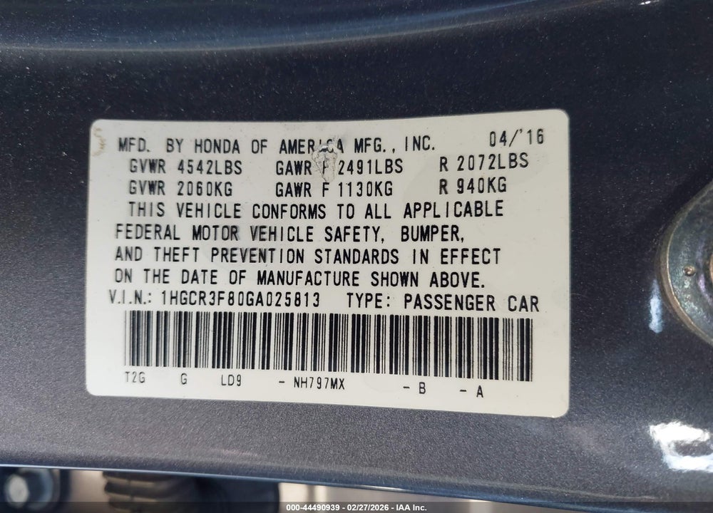 2016 HONDA ACCORD EX-L V-6 VIN: 1HGCR3F80GA025813