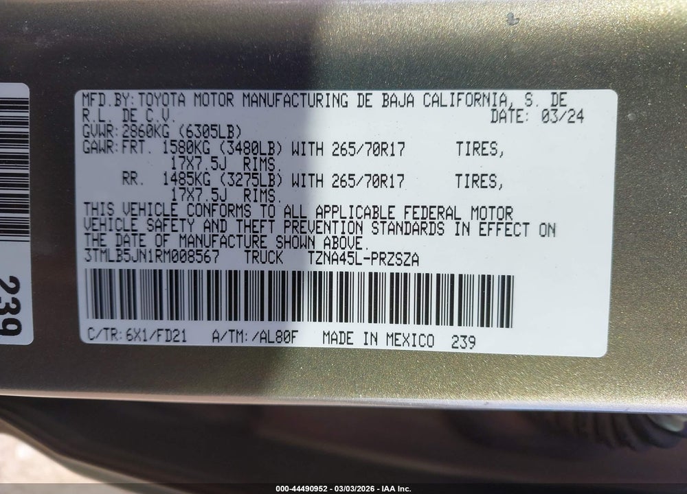 2024 TOYOTA TACOMA TRD OFF ROAD VIN: 3TMLB5JN1RM008567