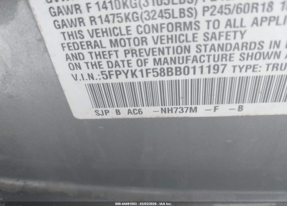 2011 HONDA RIDGELINE RTL VIN: 5FPYK1F58BB011197