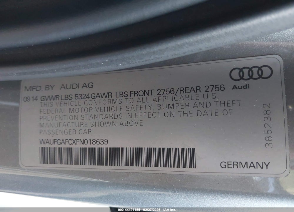 2015 AUDI A6 3.0T PREMIUM PLUS VIN: WAUFGAFCXFN018639
