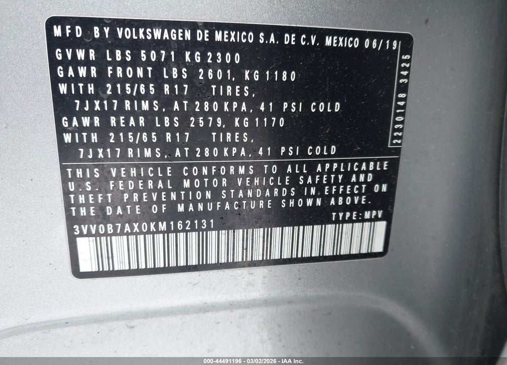 2019 VOLKSWAGEN TIGUAN 2.0T S VIN: 3VV0B7AX0KM162131