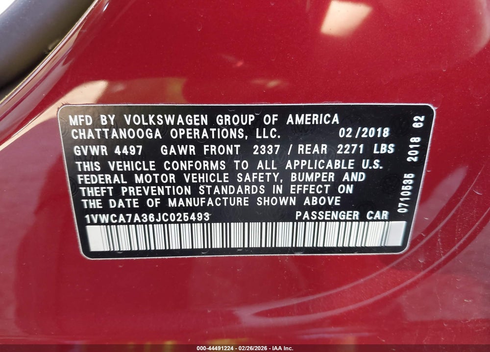 2018 VOLKSWAGEN PASSAT 2.0T SEL PREMIUM VIN: 1VWCA7A36JC025493
