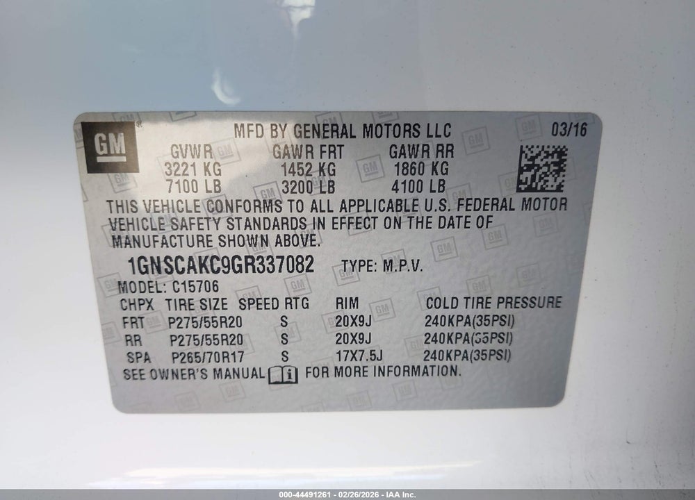 2016 CHEVROLET TAHOE LS VIN: 1GNSCAKC9GR337082