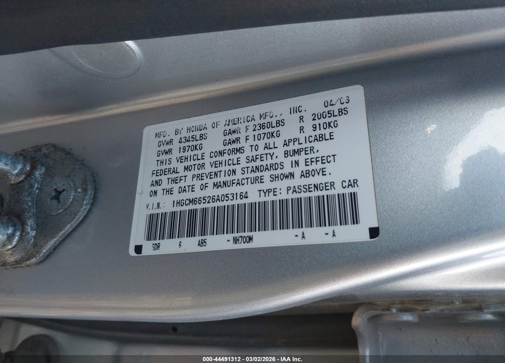 2006 HONDA ACCORD 3.0 EX VIN: 1HGCM66526A053164