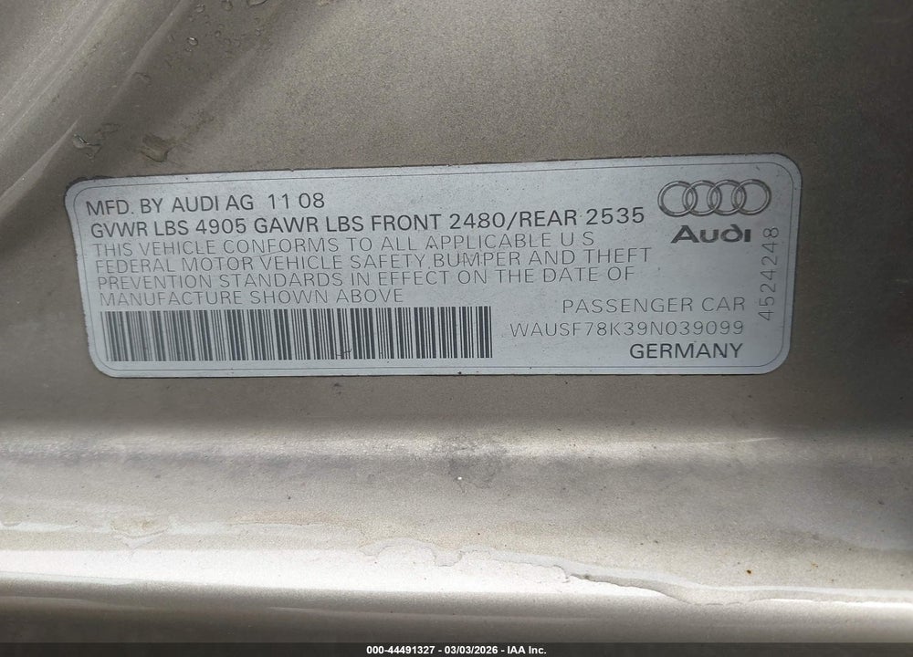 2009 AUDI A4 2.0T PREMIUM VIN: WAUSF78K39N039099
