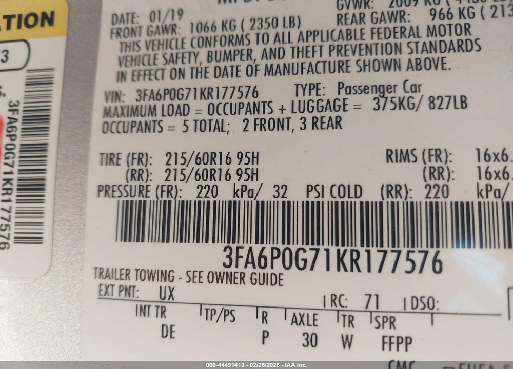 2019 FORD FUSION S VIN: 3FA6P0G71KR177576