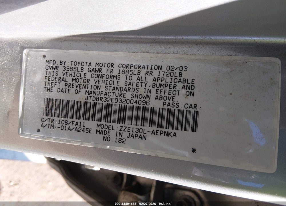 2003 TOYOTA COROLLA LE VIN: JTDBR32E032004096