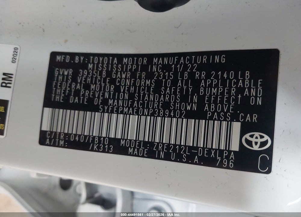 2022 TOYOTA COROLLA LE VIN: 5YFEPMAE0NP389402