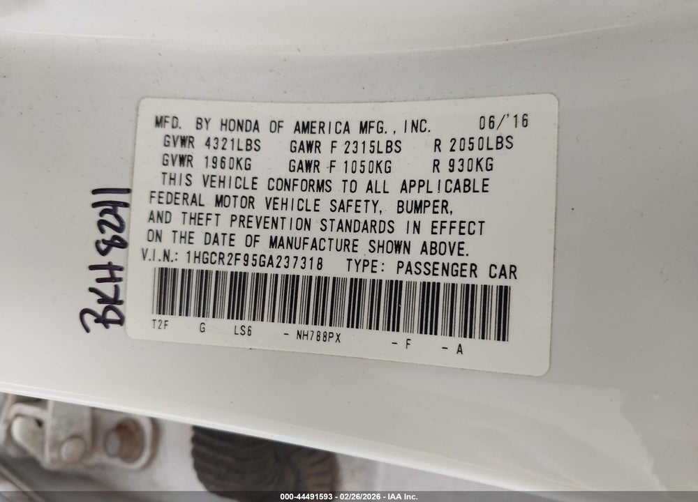 2016 HONDA ACCORD EX-L VIN: 1HGCR2F95GA237318