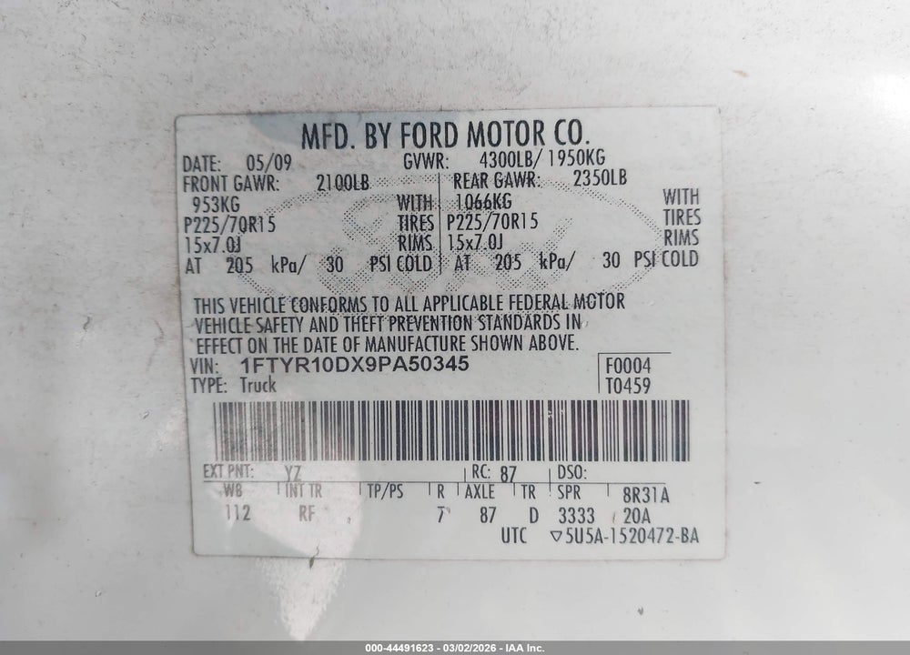 2009 FORD RANGER SPORT/XL/XLT VIN: 1FTYR10DX9PA50345