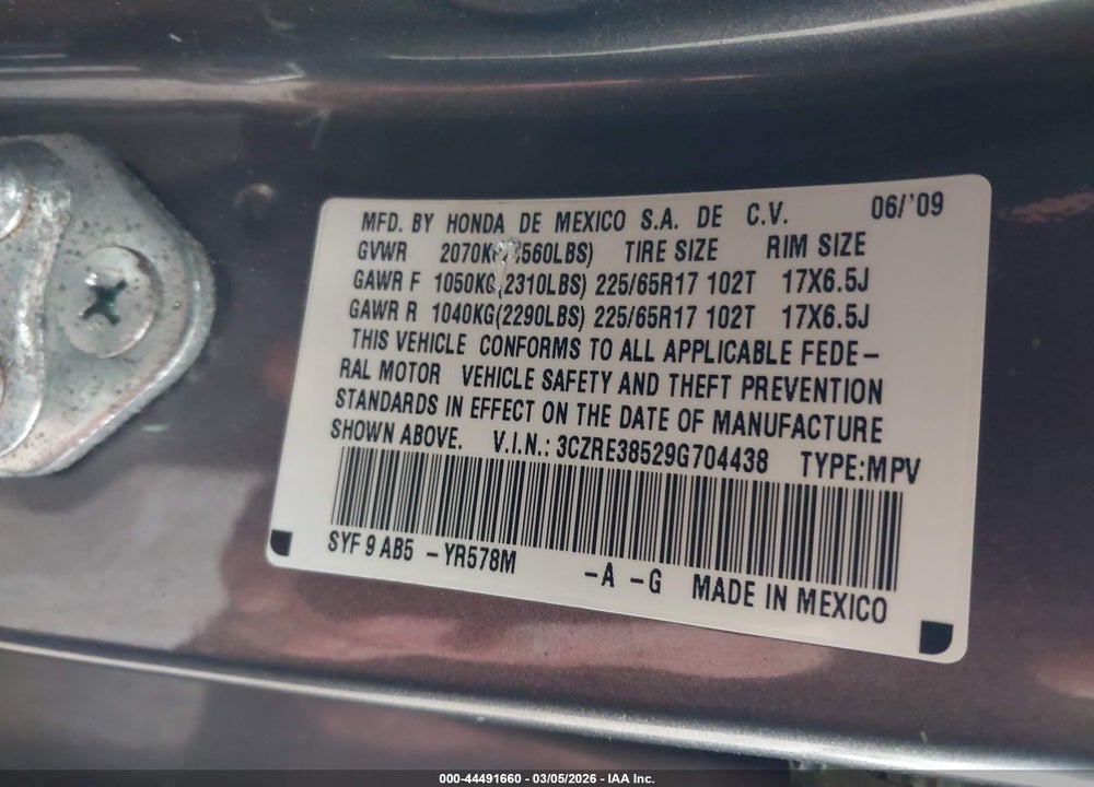 2009 HONDA CR-V EX VIN: 3CZRE38529G704438