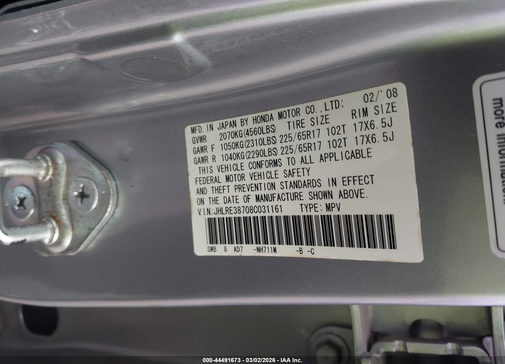 2008 HONDA CR-V EX-L VIN: JHLRE38708C031161